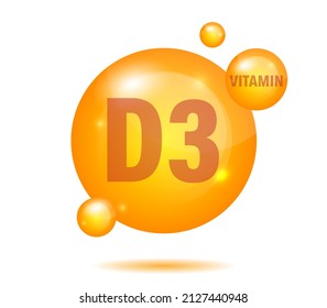 Icono de oro de vitamina D3. Cápsula de píldora de colecalciferol. Complejo de vitamina con caída de sustancia química. Ilustración médica para el vector de salud