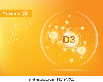 Vitamin D3 gold shining pill capsule. Vitamin complex with Chemical formula. Shining golden substance drop. Meds for health ads. Vector illustration.