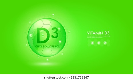 Solución verde de vitamina D3. La reparación de la innovación mantiene cuidado de la piel brillante anti envejecimiento. Complejo de vitaminas y suero de colágeno. Para tratamiento de belleza médica diseño nutritivo cosmético. Vector.