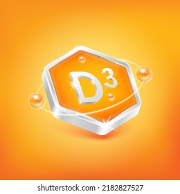 Vitamin D3 in hexagon shape and orange atom. Used for nutrition products food. Medical scientific concepts. Isolated 3D Vector EPS10 illustration.