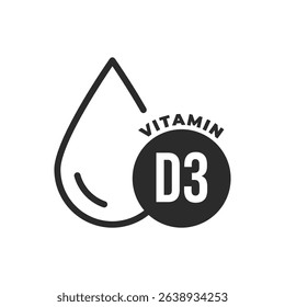 Vitamin D3 icon inside a black circular label with droplet outline, isolated on white background, symbolizing bone strength, immunity, supplements, sunlight vitamin, and wellness support.