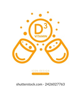 Icono de vitamina D3 naranja flotando fuera de la cápsula Aislado sobre un fondo blanco. Forma una línea simple. Diseño para uso en aplicaciones web móviles y medios impresos. Vector.