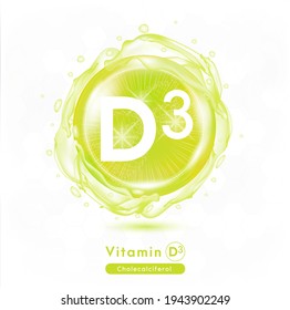 Vitamin D3 icon. Shining green essence droplet. Vitamin complex with Chemical formula. Beauty treatment nutrition skin care design. Vector illustration