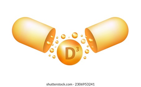 Vitamin D3 Symbol mit Sun; Vitamin D gelbe Kapsel. 3D-Design für Gelbe Arzneimittelernährung. Grundlegender Vitaminkomplex. Konzept des gesunden Lebens. Schönheit, Hautpflege, Apotheke, Ernährung .Vektorgrafik