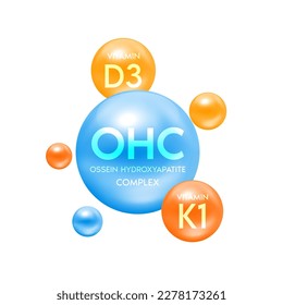 Vitamin D3, K1 and calcium minerals help treat osteoporosis. Ossein hydroxyapatite complex natural nutrients extracted from bovine bones food supplement bone joints. Medical concepts. 3D Vector.