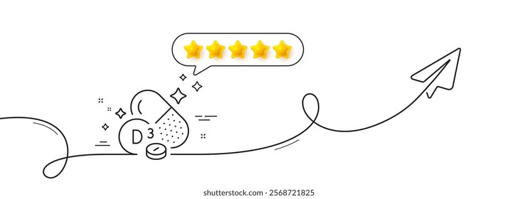 Vitamin D3 line icon. Continuous line with share plane. Cholecalciferol food nutrient sign. Capsule or pill supplement symbol. Five star rate review in speech bubble. Vector