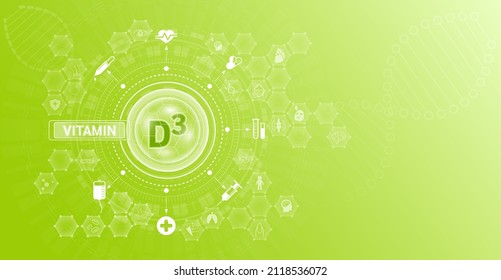 Vitamin D3 And Mineral Supplements Complex Pharmaceutical Capsule. Vitamins Food Sources And Functions. Health Care And Science Icon Pattern Medical Innovation. On A Green Background. Vector EPS 10.