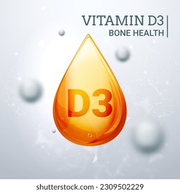 Vitamin D3. Oil vector cosmetic 3d beauty care orange drop health liquid gel vitamin d