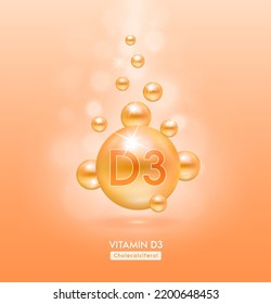 Vitamin D3 orange ball fall to ground serum vitamins complex. Beauty treatment nutrition skin care design. Medical and scientific concepts. 3D Realistic Vector EPS10.