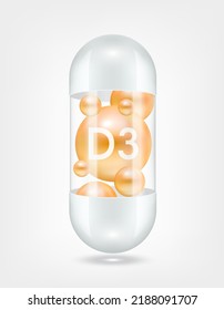 Vitamin D3 orange inside capsule pill transparent white. Health care beauty enhancement neutralize free radicals. Used for nutrition products food template design. 3D Realistic Vector EPS10.