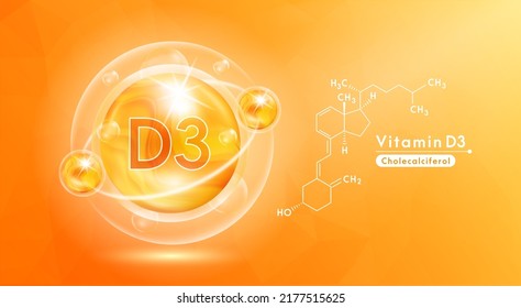 Vitamin D3 orange and structure. Pill vitamins complex and bubble collagen serum chemical formula. Beauty treatment nutrition skin care design. Medical and scientific concepts. 3D Vector EPS10. svg
