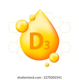 Vitamin D3 with realistic drop. Particles of vitamins in the middle