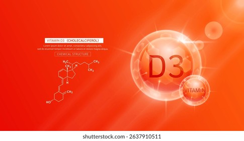 Vitamin D3 red and chemical structure. Vitamins complex serum. For design skin care products beauty treatment. Medical scientific concepts. Vector EPS10.
