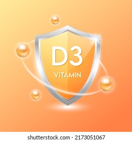 Vitamin D3 shield with orange atom. Protect the body stay healthy. For nutrition products food. Medical scientific concepts. Vector illustration.