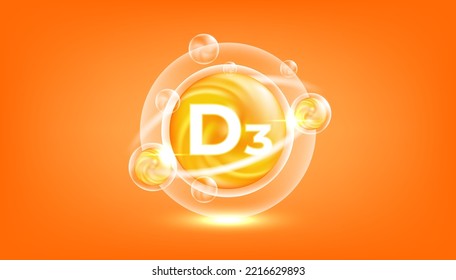 Vitamin D3 shining pill capcule icon. Сholecalciferol vitamin with Chemical formula. Shining golden substance drop. Meds ads. Beauty treatment nutrition skin care design. Vector