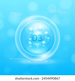 Vitamin D3 solution blue and chemical structure of Cholecalciferol. Fat-soluble vitamins. Collagen serum hyaluronic acid with antioxidants for brighter skin. Cosmetic beauty nutrition. Vector.