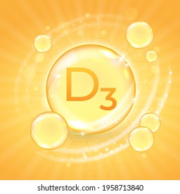 Vitamin D3 supplement, shiny golden oil substance capsule. Cholecalciferol pill droplet design template advertisement or branding. Realistic vector illustration of gold essence bubble.