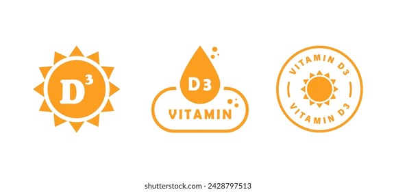 Vitamina D-3. Colección de iconos vectoriales. Etiquetas de vitaminas para el embalaje del producto.