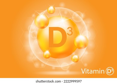 Cápsula brillante amarilla de vitamina D3. Belleza, nutrición, cuidado de la piel, farmacia, dieta. Una gota de sustancia dorada y brillante. Publicidad de medicamentos. Procedimiento cosmético. Ilustración del vector