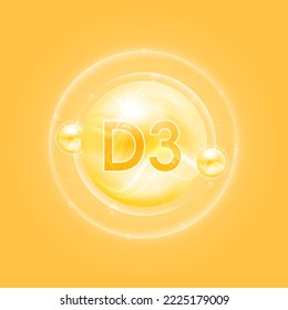 Vitamin D3 yellow. Vitamins complex and bubble collagen serum chemical formula. For food supplement design and beauty treatment skin care. Medical and scientific concepts. 3D Vector EPS10.