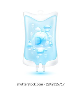 Vitamin D4 serum bubbles collagen pink purple inside plastic saline bag. IV drip vitamins minerals beauty skincare intravenous. Medical concept. Isolated realistic on white background 3D vector.