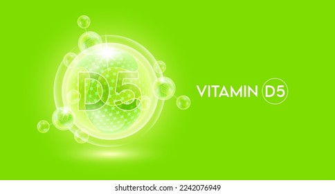 Vitamin D5 and bubble atom molecule collagen serum chemical formula shield protection skin. Skincare anti age nutrition supplement multivitamin complex. On green background. 3D vector.