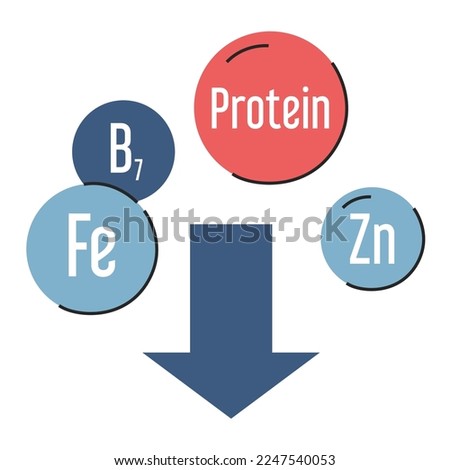 Vitamin deficiency vector isolated. Low protein, zinc, biotin and iron. Concept of medicine and healthcare. Bad nutrition and lifestyle.