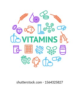 Vitamin and Dietary Signs Thin Line Round Design Template Ad Include of Supplement, Bottle, Food, Pill, Tablet and Fruit. Vector illustration of Icons