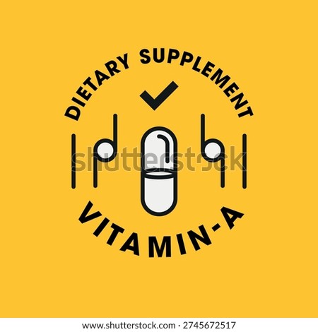 Vitamin A Dietary Supplement Label Template Design, with Medicine Capsules for Healthy Lifestyle.