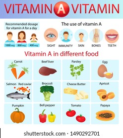 Vitamin A in different food:carrots, beef liver, parsley, eggs, salmon, red caviar, broccoli, cheese, butter, apricots, pumpkin, pepper, tomatoes, papayaThe use of vitamin A Vector illustration.