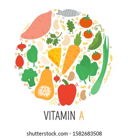Vitamin A doodle flat illustration in circle. Hand drawn illustration of different food rich of vitamin A. - Vector. Set of food with Vitamin A and carotenoids. Broccoli, butternut squash, batat
