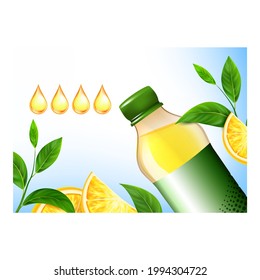 Vitamin Drink Creative Promotional Banner Vector. Sports Drink Blank Bottle, Mint Green Leaves And Orange Citrus On Advertising Poster. Healthy Beverage For Athlete Style Concept Template Illustration