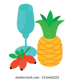 Vitamin drink icon isometric vector. Stemmed glass, red rose hip and pineapple. Organic product, natural ingredient, healthy lifestyle