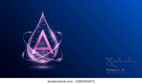 Vitamin A drop pink low poly and structure chemical formula. Medicine science innovative. Multivitamins complex collagen supplement skincare anti aging. Cosmetics nutrition banner design. Vector.