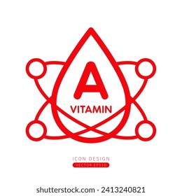 Vitamin A dropper icon red with surrounding molecules form simple line. Isolated on a white background. Medical symbol concept. Design for use on web app mobile and print media. Vector.