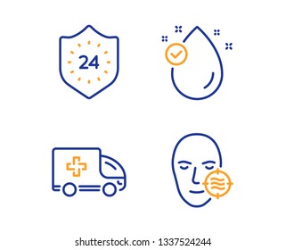 Vitamin e, 24 hours and Ambulance emergency icons simple set. Problem skin sign. Oil drop, Protection, Medical transport. Facial care. Medical set. Linear vitamin e icon. Colorful design set. Vector