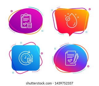Vitamin e, Accounting checklist and 24h delivery icons simple set. Approved agreement sign. Oil drop, Calculator, Stopwatch. Signature document. Business set. Speech bubble vitamin e icon. Vector