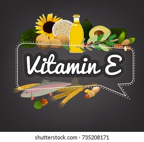 Vitamin E banner. Beautiful vector illustration with caption lettering and top foods highest in vitamin E. Useful for leaflet, brochure or poster design as a heading or other graphic element.