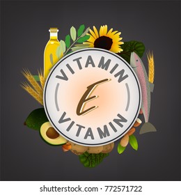 Vitamin E banner. Beautiful vector illustration with caption lettering and top foods highest in vitamin E isolated on a dark grey background. Useful for leaflet, brochure or poster design