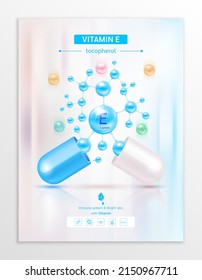 Vitamin E blue in capsule. Essential vitamins complex and minerals in molecular form. Dietary supplement for pharmacy advertisement. Poster banner design for clinics. Medic concept. Vector EPS10.
