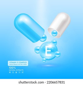 Vitamin E blue capsule. Treatment with vitamins complex collagen skincare beauty. Health supplement anti aging. Cosmetic beauty product design. 3D Realistic on pink background. Vector EPS10.