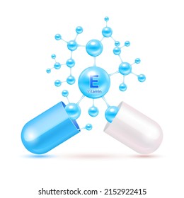 Vitamin E blue in capsule. Vitamins complex and minerals in molecular form. Dietary supplement for pharmacy advertisement. Science medic concept. Isolated on white background. Vector EPS10.
