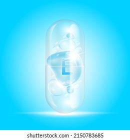 Vitamina E agua de gota azul dentro de la cápsula transparente. Complejo de vitaminas colágeno con la naturaleza de la fórmula química. Tratamiento de belleza nutrición cuidado de la piel. Conceptos científicos médicos. Vector Realista 3D.