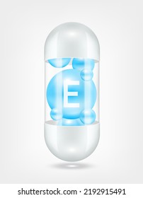 Vitamin E blue inside capsule pill transparent white. Health care beauty enhancement neutralize free radicals. Used for nutrition products food template design. 3D Realistic Vector EPS10.