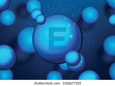 Vitamin E Blue shining pill capsule icon . Vitamin complex with Chemical formula.  medical and pharmaceutical ads. Vector illustration