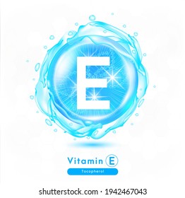 Vitamin E, Blue shining pill capsule. Vitamin complex with Chemical formula.  Meds for health ads. Beauty treatment nutrition skin care design. 3D Vector EPS10 illustration.