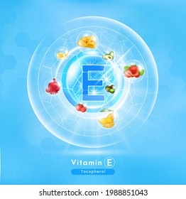 Vitamin E, Blue shining pill capsule. Complex with Chemical formula. Fruits and vegetables that neutralize free radicals. Anti aging beauty enhancement concept and health care medical. 3D Vector.