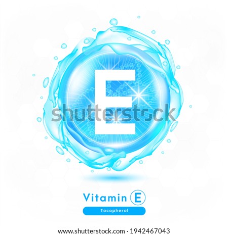 Vitamin E, Blue shining pill capsule. Vitamin complex with Chemical formula.  Meds for health ads. Beauty treatment nutrition skin care design. 3D Vector EPS10 illustration.