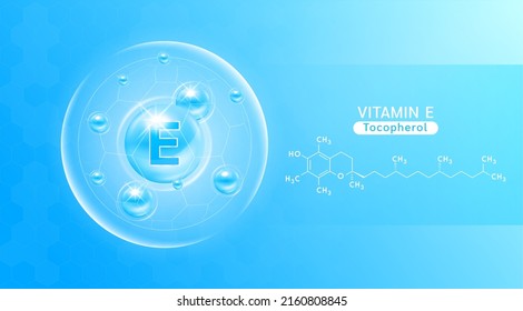 Vitamin E blue and structure. Vitamin solution complex with Chemical formula from nature. Beauty treatment nutrition skin care design. Medical and scientific concepts. Banner 3D vector EPS10.