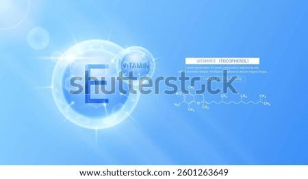Vitamin E blue or Tocopherol and chemical structure. Vitamins complex serum. For design skin care products beauty treatment. Medical scientific concepts. Vector EPS10.